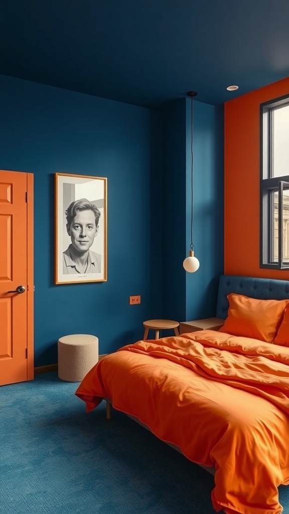 A bedroom featuring bold blue and orange colors, with an orange door, bedding, and a blue accent wall.