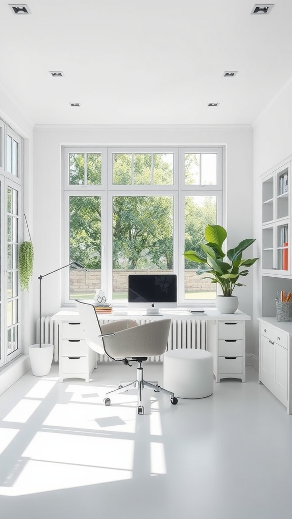 Bright and airy home office with large windows, a white desk, and a green plant.