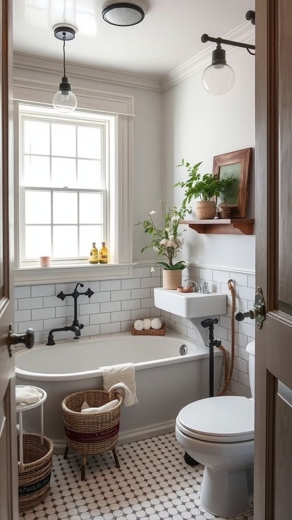 A charming bathroom featuring a freestanding tub, subway tiles, and natural decor elements.