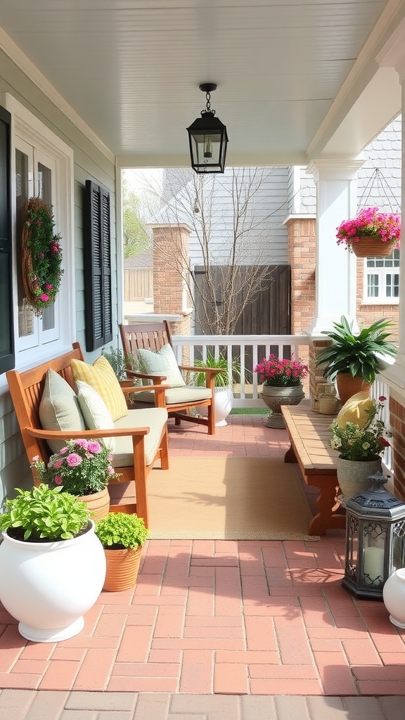 A charming porch with wooden seating, colorful plants, and a cozy rug.