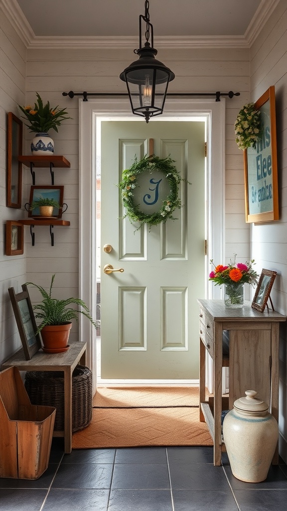 Charming vintage entryway with a mint door, wreath, wooden furniture, and plants.