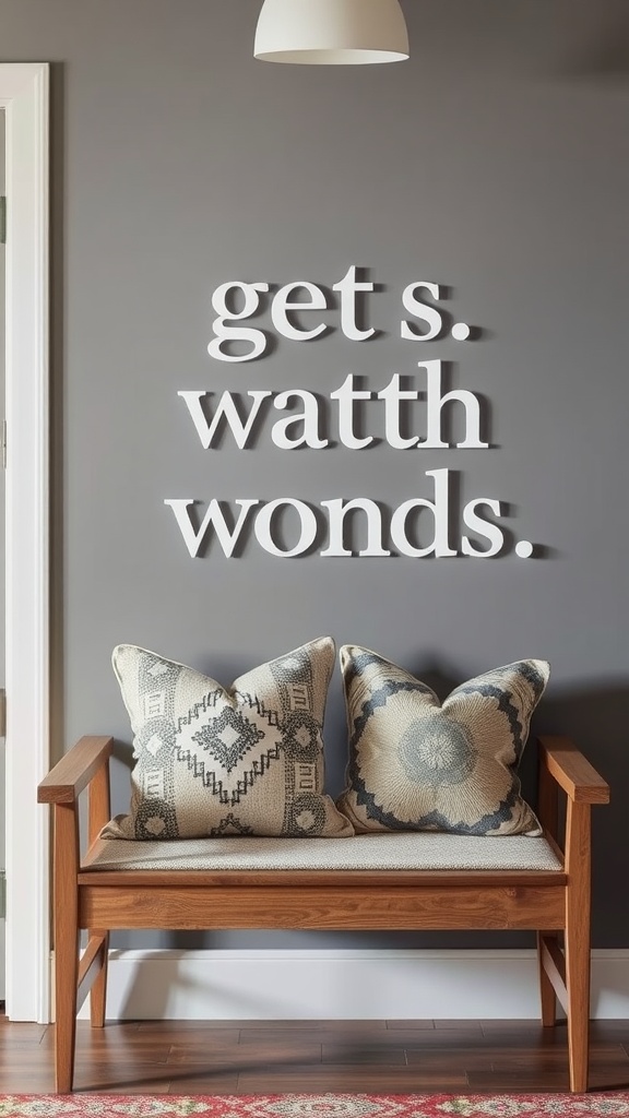 Elegant entryway with a wooden bench and decorative accent pillows