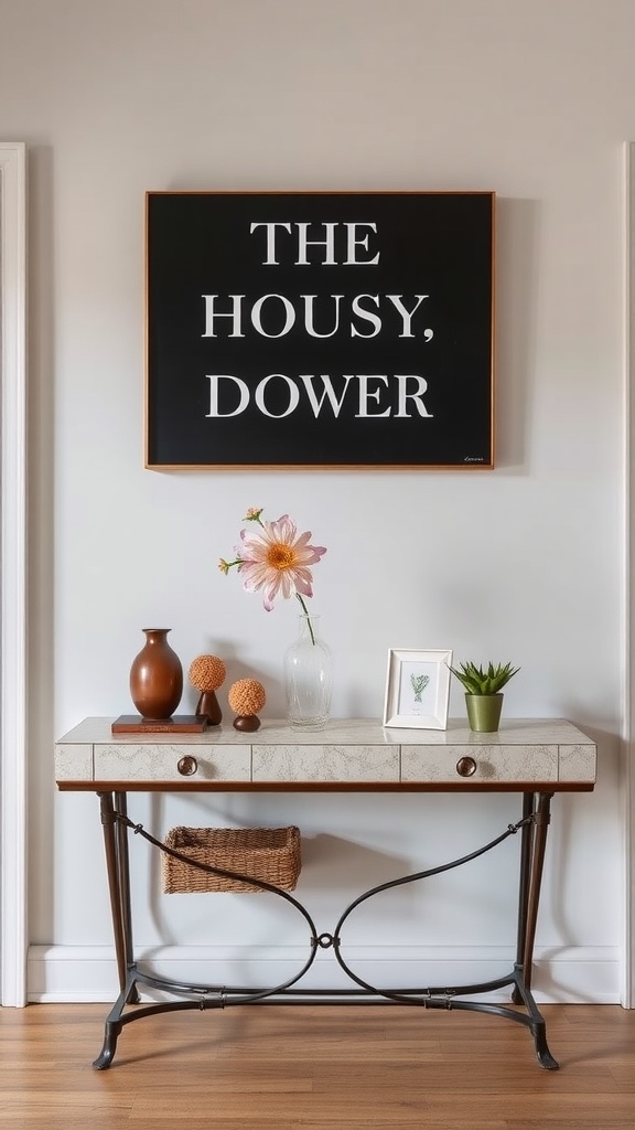 Chic console table with decorative items and framed artwork above it