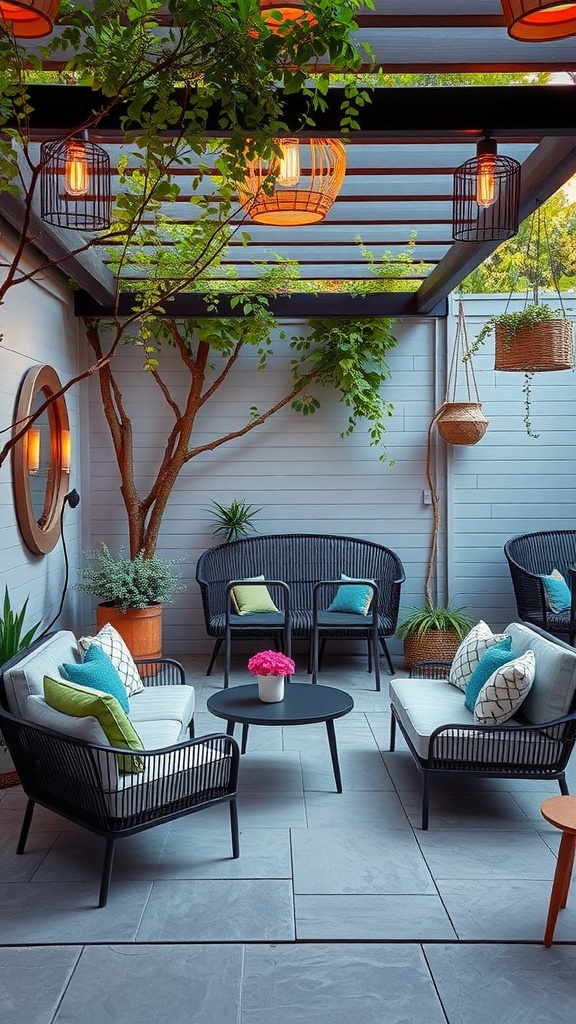 Chic outdoor living space with black furniture, colorful cushions, and greenery