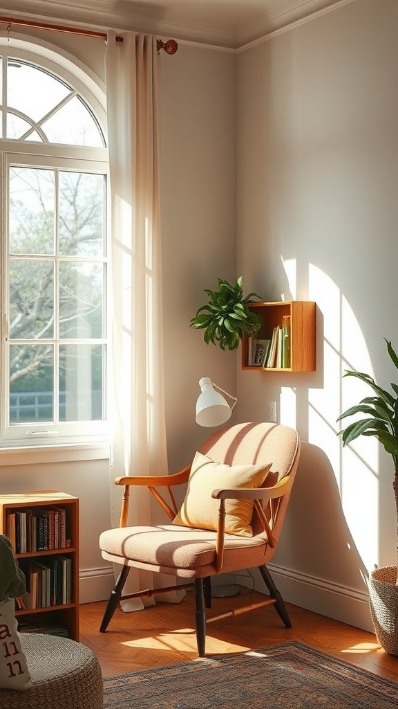 A cozy reading nook by a large window with sunlight streaming in, featuring a comfortable chair, a small bookshelf, and indoor plants.