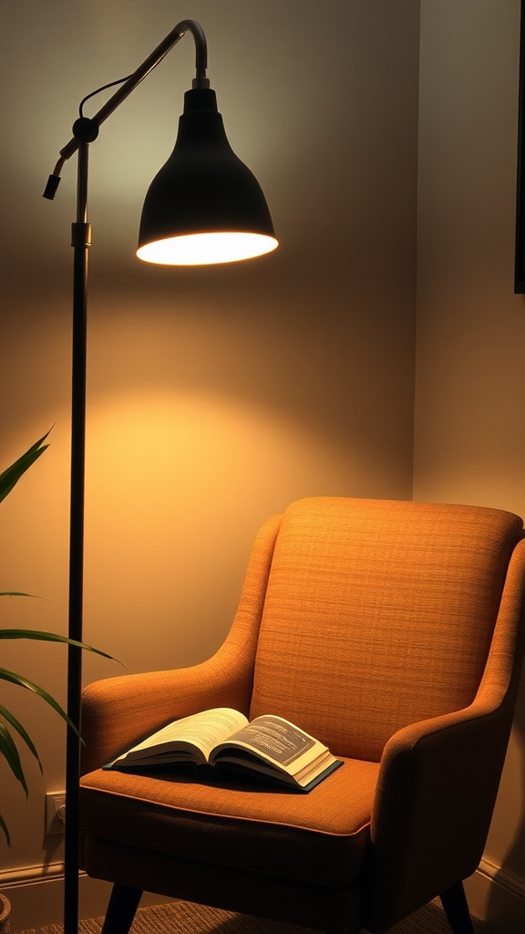 Cozy reading nook with an orange chair and a floor lamp illuminating an open book.