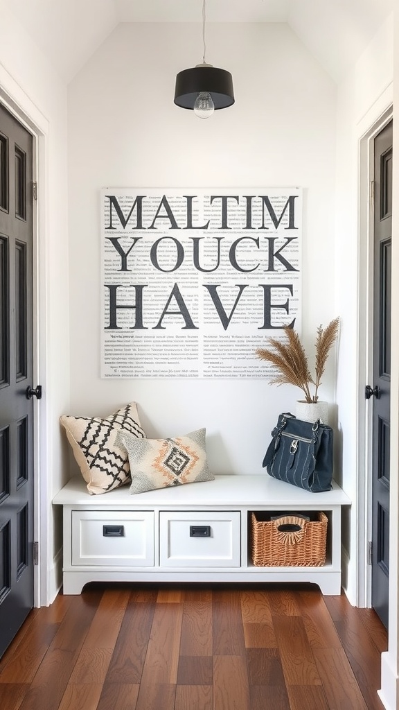 A stylish entryway with a white storage bench, decorative pillows, a woven basket, and a statement wall art piece.