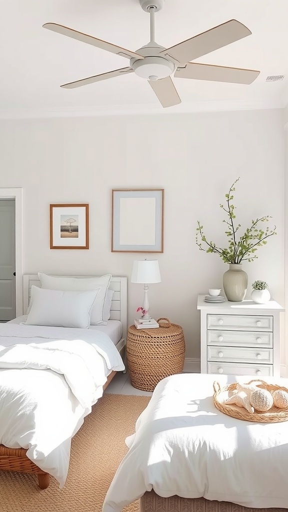 A coastal-inspired bedroom with white bedding, woven textures, and light-colored furniture.