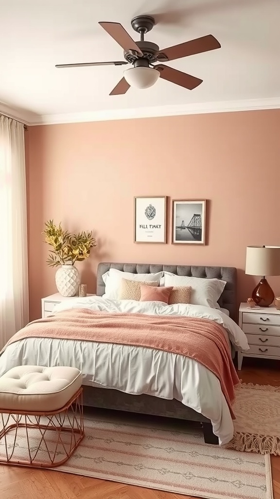 A stylish bedroom with cohesive peach and white color theme, featuring a gray bed, decorative pillows, and plants.