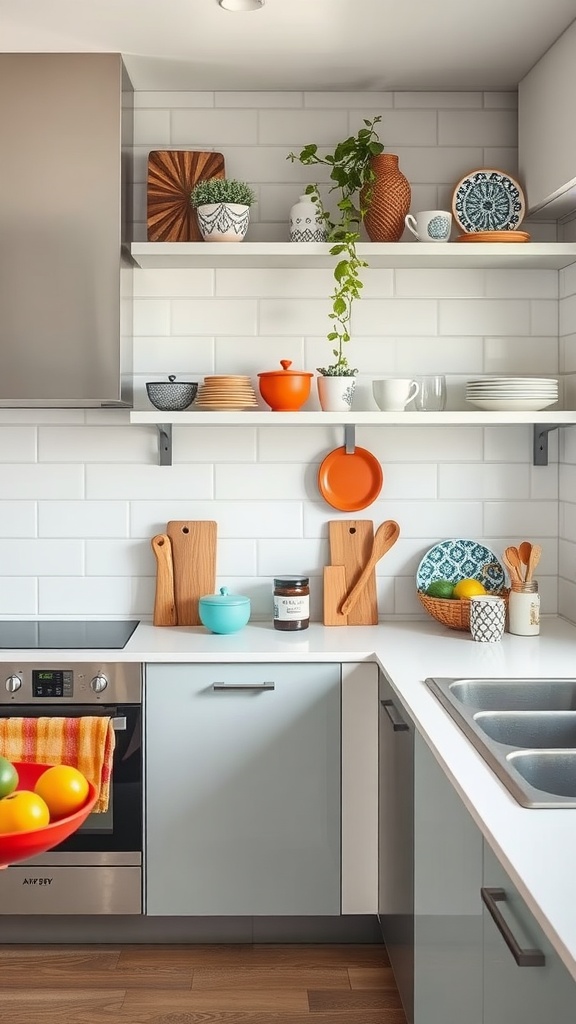 A modern kitchen featuring colorful accents, including orange dishes, patterned plates, and a vibrant bowl of fruits.