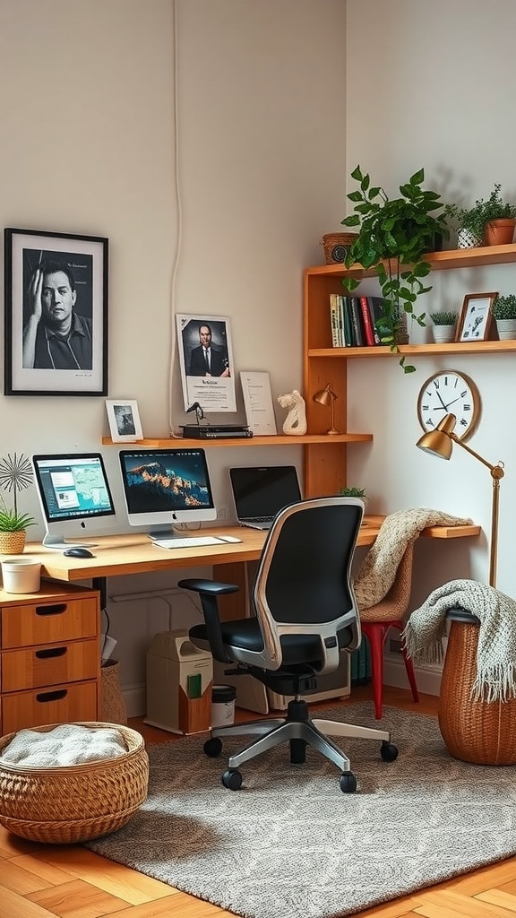 Cozy home office with wooden desk, multiple monitors, plants, and a comfortable chair