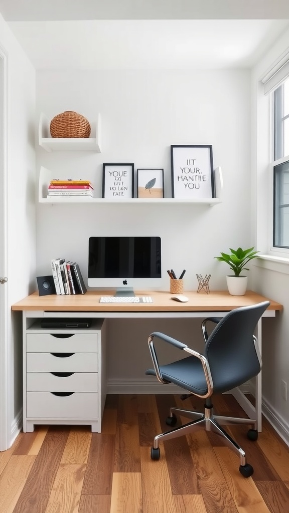 Compact home office setup with a desk, computer, and decorative items