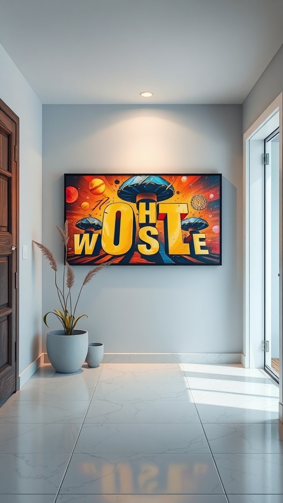 A vibrant contemporary artwork piece featuring bold colors and letters, displayed in a modern entryway.