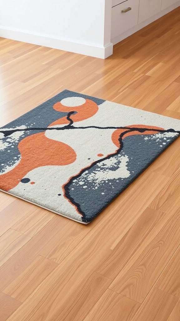 A contemporary rug with abstract patterns in navy, orange, and cream colors on a wooden floor.