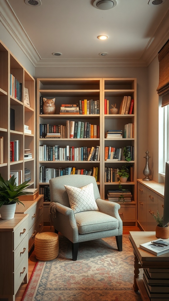 A cozy reading nook featuring a gray upholstered chair, a patterned pillow, a small ottoman, and a bookshelf filled with books.