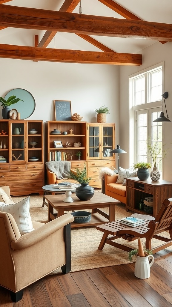 A cozy living space showcasing crafted wooden furniture with natural tones and inviting decor.