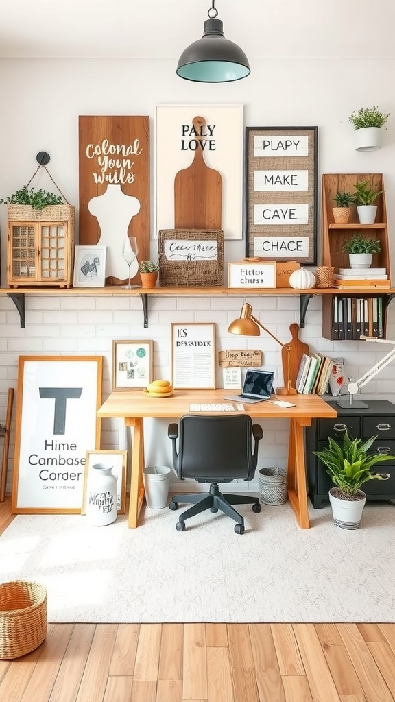 A lovely modern farmhouse workspace with wooden desk, potted plants, and decorative wall art.