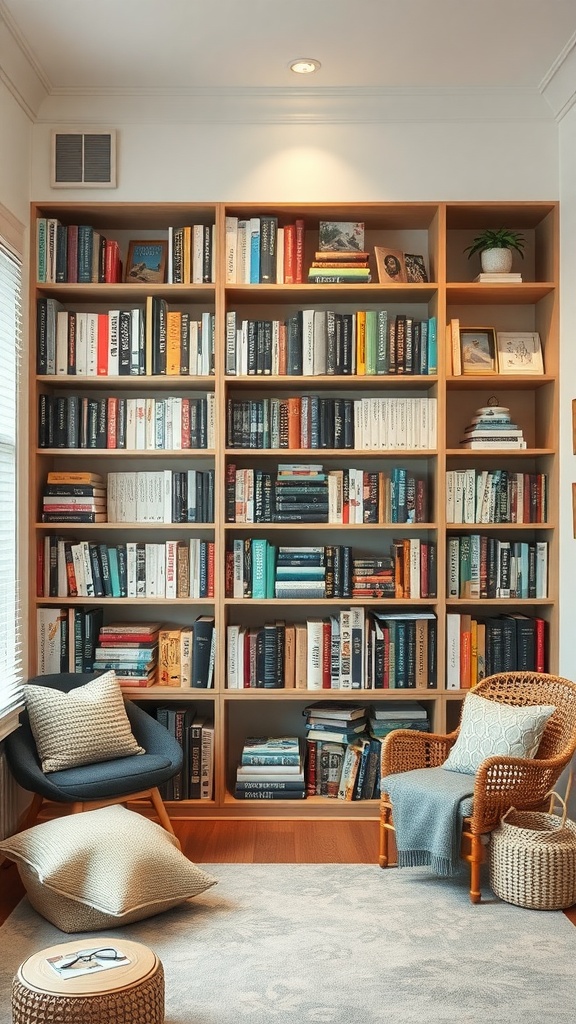 A cozy reading nook featuring a well-organized bookshelf, comfortable chairs, and decorative elements.