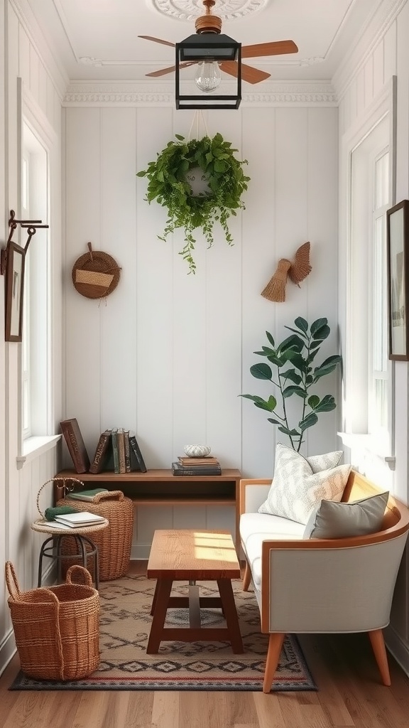 A cozy nook with a comfortable sofa, plants, and a rustic coffee table.