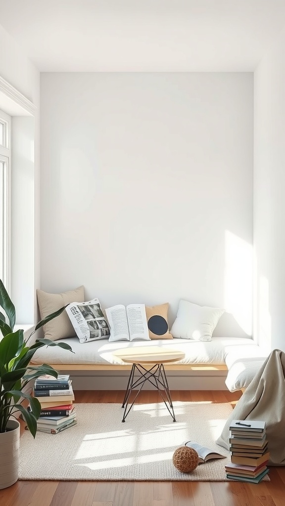 A minimalist reading nook with a cozy seating area, small table, plants, and neatly organized books.