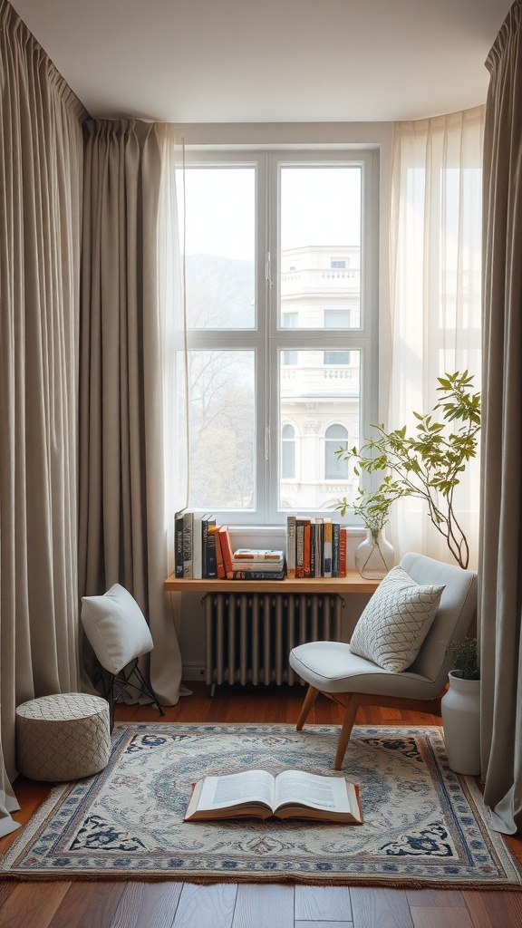 A peaceful reading nook with a chair, pouf, and window, surrounded by curtains and books.