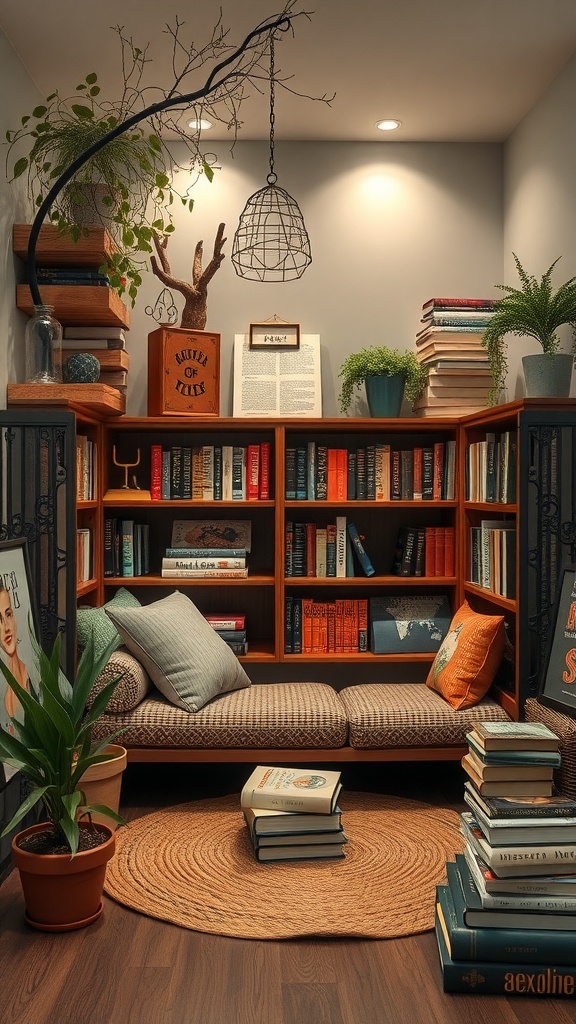 Cozy reading nook with bookshelves, plants, and a comfortable sofa.