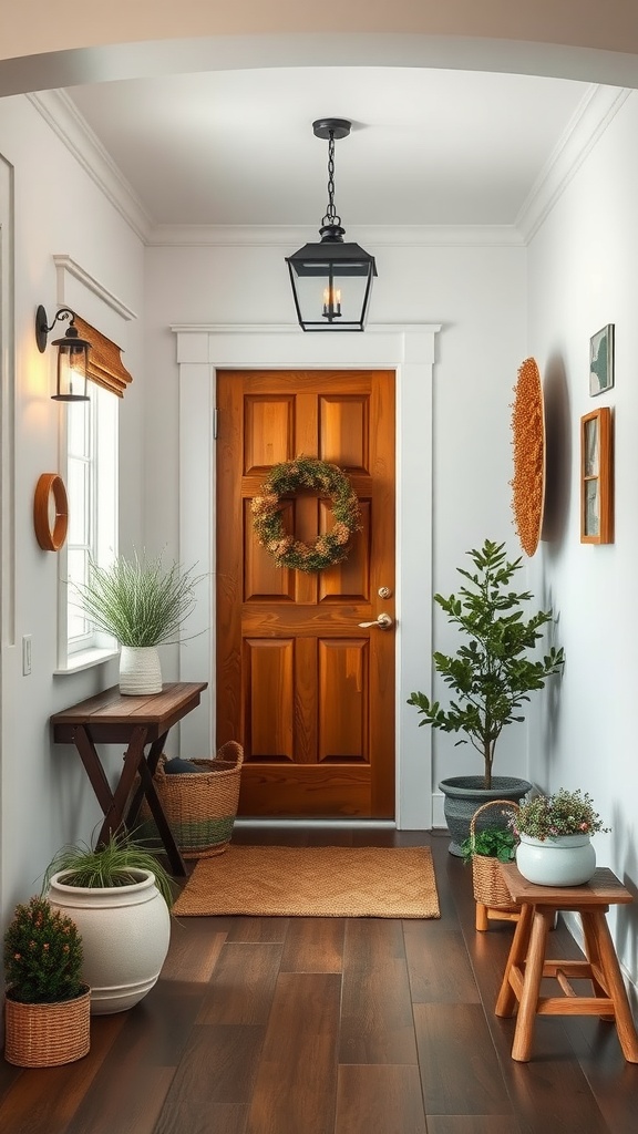 A welcoming entryway featuring a wooden door, a wreath, plants, and rustic decor.