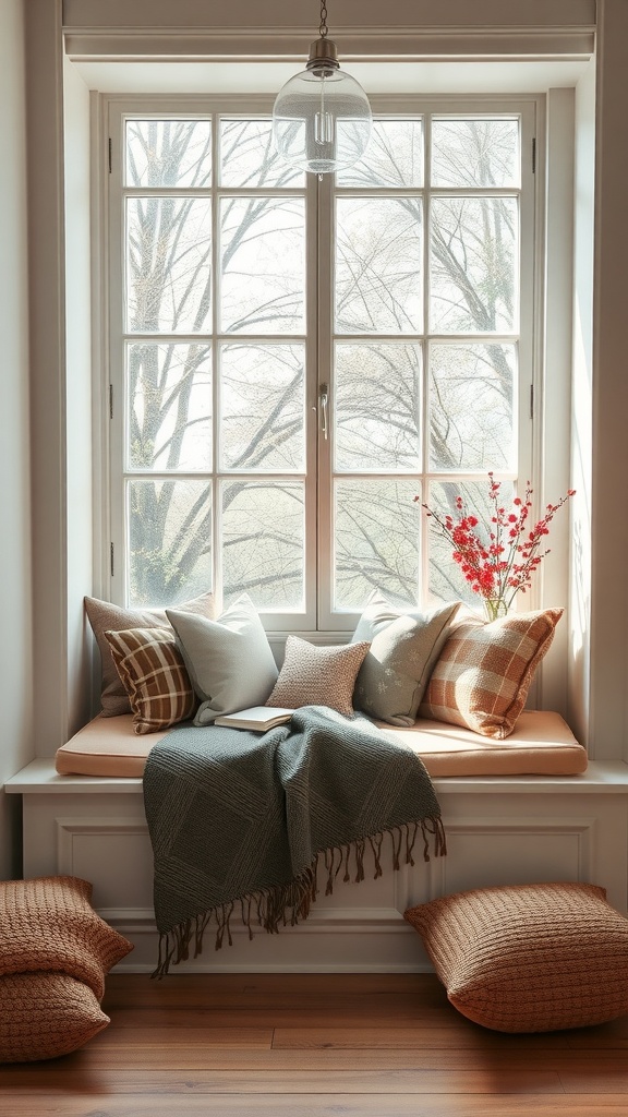 Cozy window seat with cushions and a blanket, overlooking trees outside.