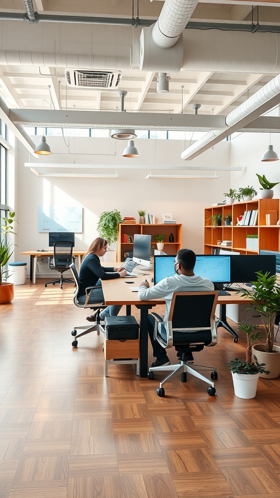 A bright and modern office space with two people collaborating at desks, surrounded by plants and shelves.