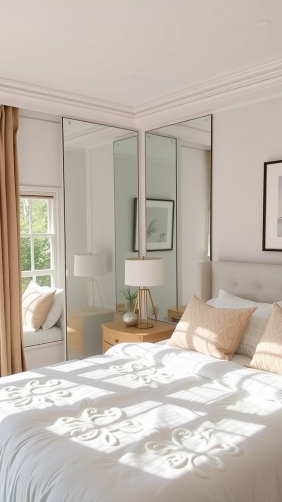 Bright and stylish bedroom featuring large mirrors that enhance the space's light and depth.