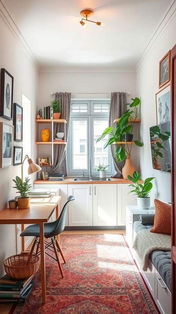 A cozy and well-designed small room featuring a desk, plants, and shelves, showcasing creative use of space.