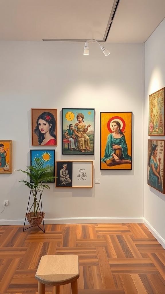 Wall display of cultural artwork featuring diverse portraits and a plant.