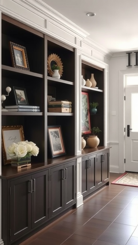 Elegant entryway with custom built-in shelves and cabinetry