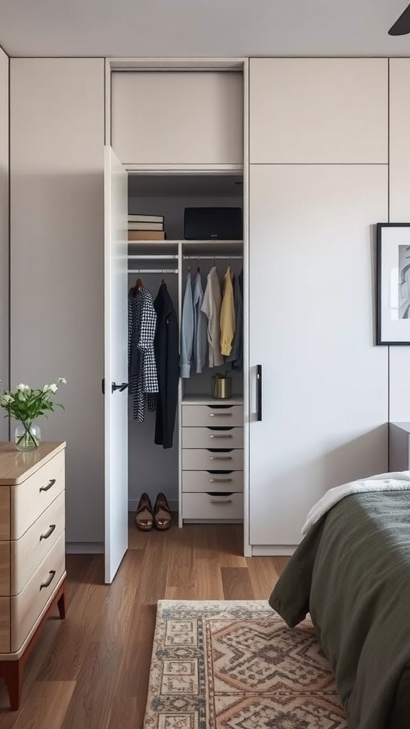 A modern closet space with organized clothing, drawers, and a stylish decor.