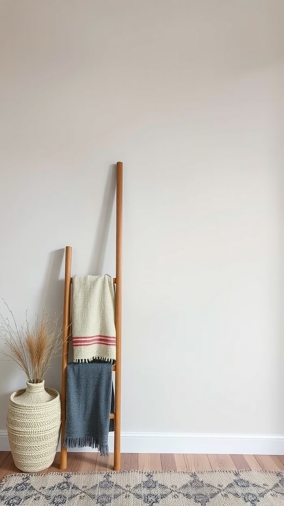 A decorative wooden ladder displaying cozy blankets next to a woven basket and dried plants.