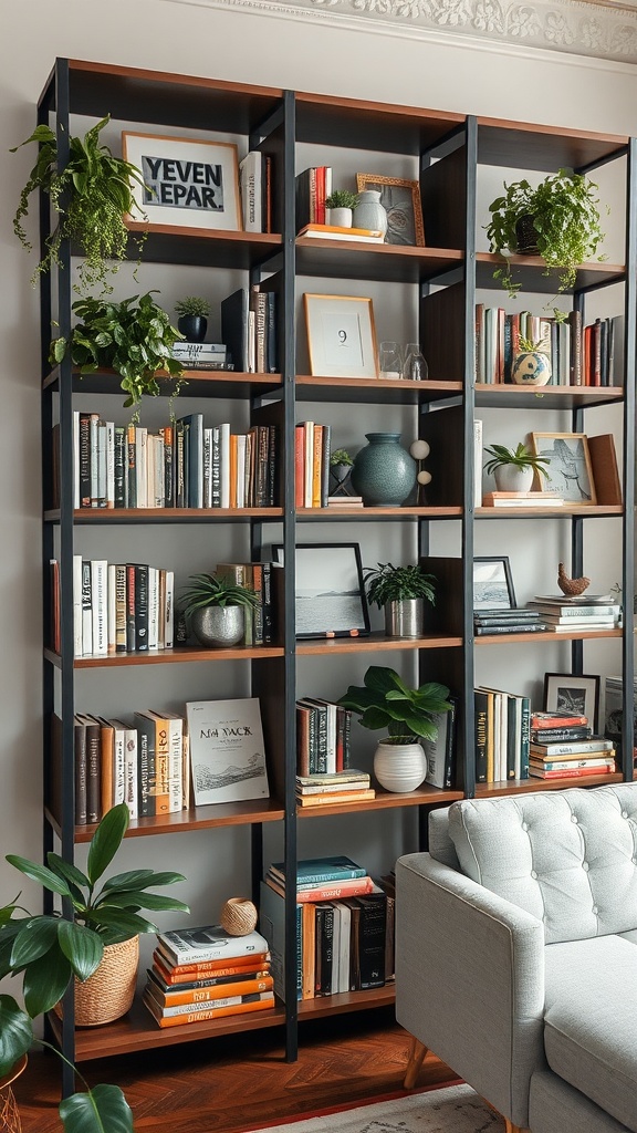 A modern shelving unit filled with books, plants, and decorative items.