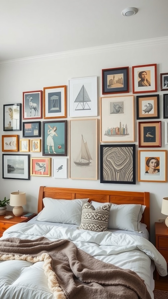 A cozy bedroom featuring an eclectic gallery wall with various art frames and a neatly made bed.