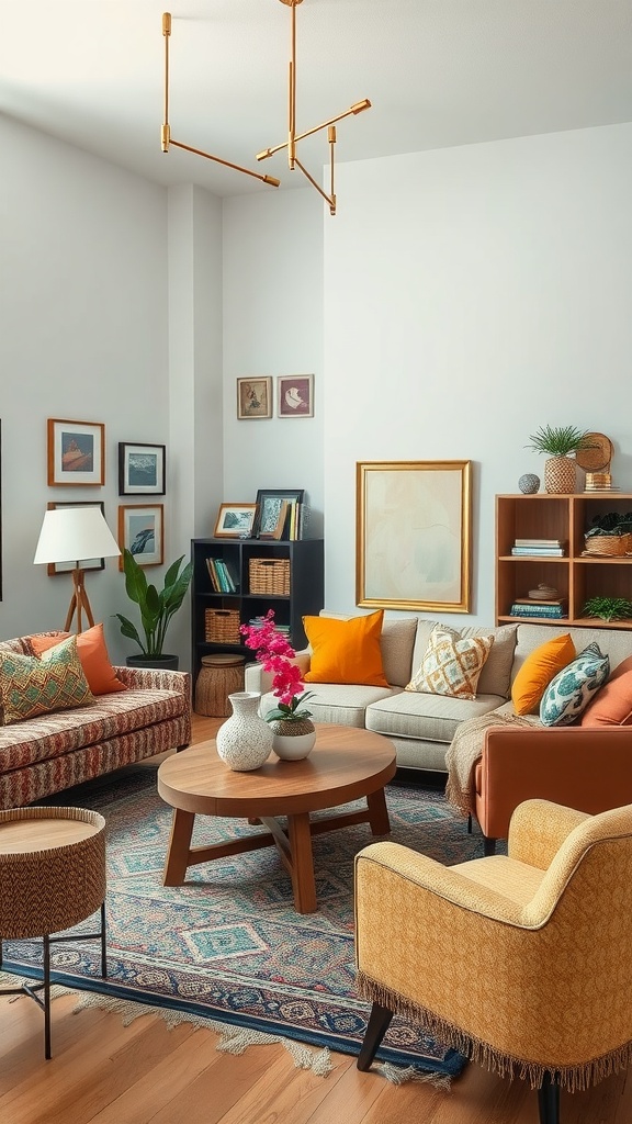 A stylish living room featuring a mix of furniture styles and colors.