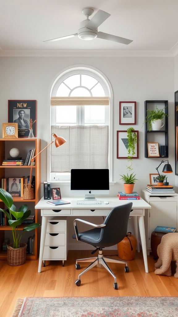 A stylish home office featuring a mix of modern and vintage decor elements, with a desk, computer, bookshelves, and plants.