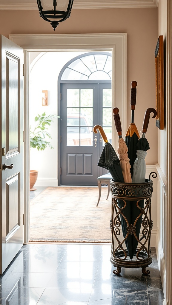 An elegant entryway with a decorative umbrella stand holding multiple umbrellas