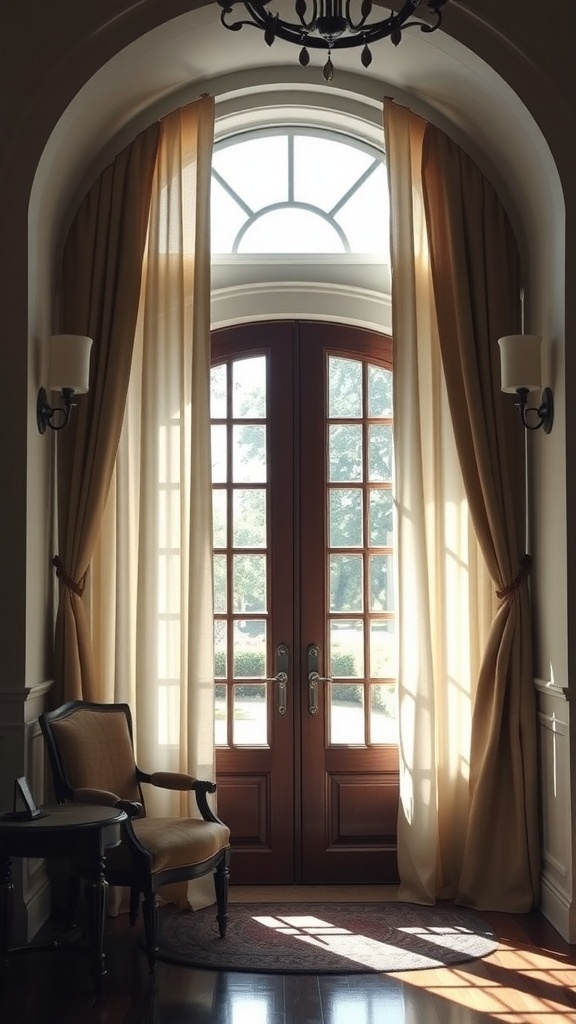 Elegant entryway with wooden doors, sheer curtains, and a small chair