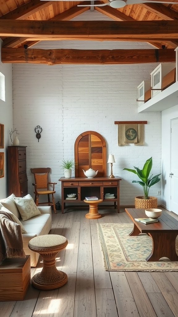 A modern farmhouse living room with wooden beams, cozy furniture, and plants.