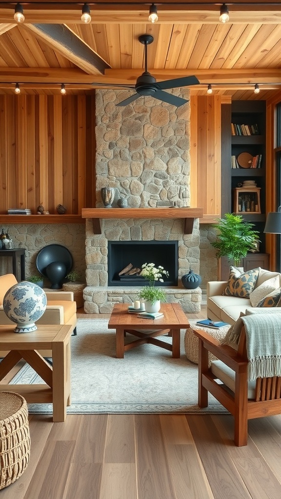 A modern farmhouse living room featuring wooden and stone elements, with comfortable seating and natural decor.