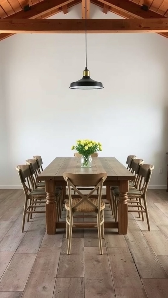 A farmhouse-style dining space featuring a large wooden table surrounded by wooden chairs with a vase of yellow tulips on the table