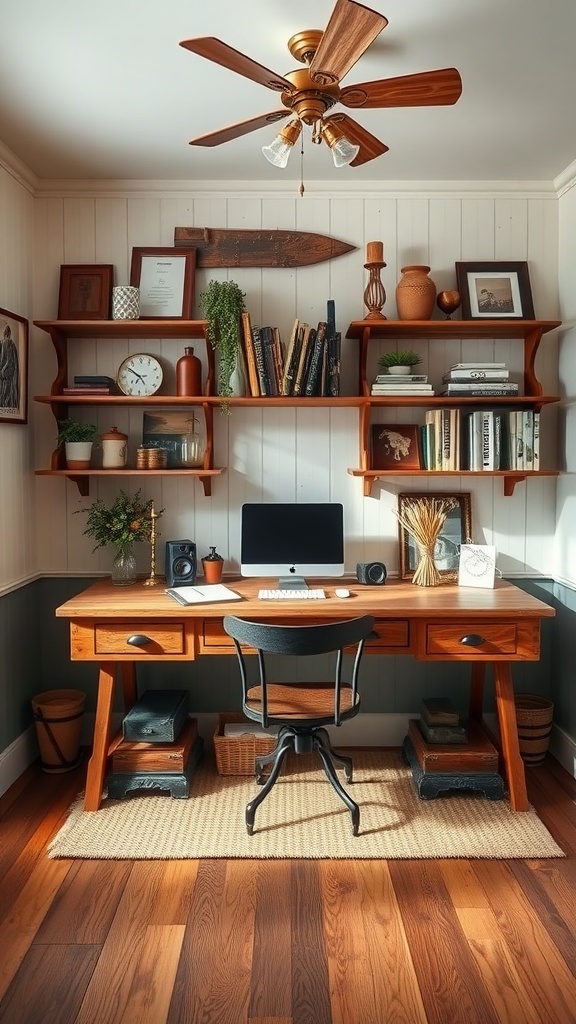 A cozy farmhouse-style home office with a wooden desk, open shelves, and warm decor