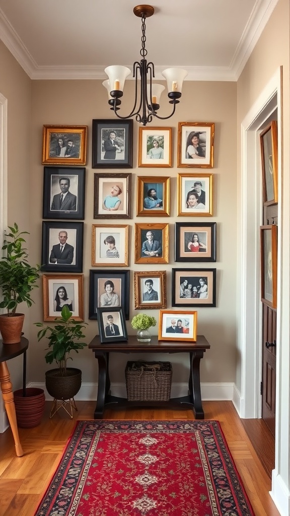 A hallway featuring a wall of framed family portraits in various styles, with a table underneath and a plant beside it.