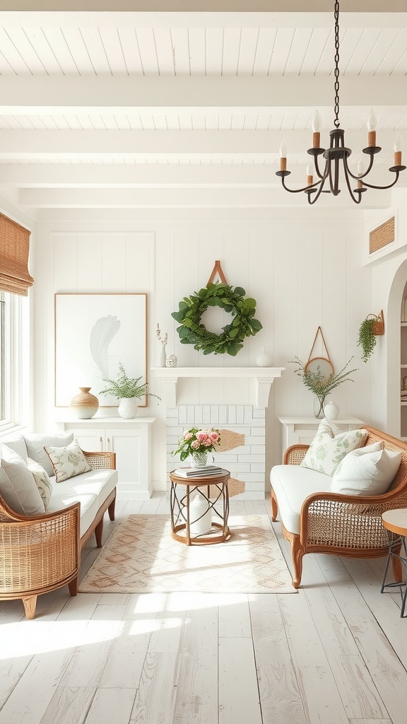 A bright and airy modern farmhouse living room with white walls, green accents, and natural furniture.