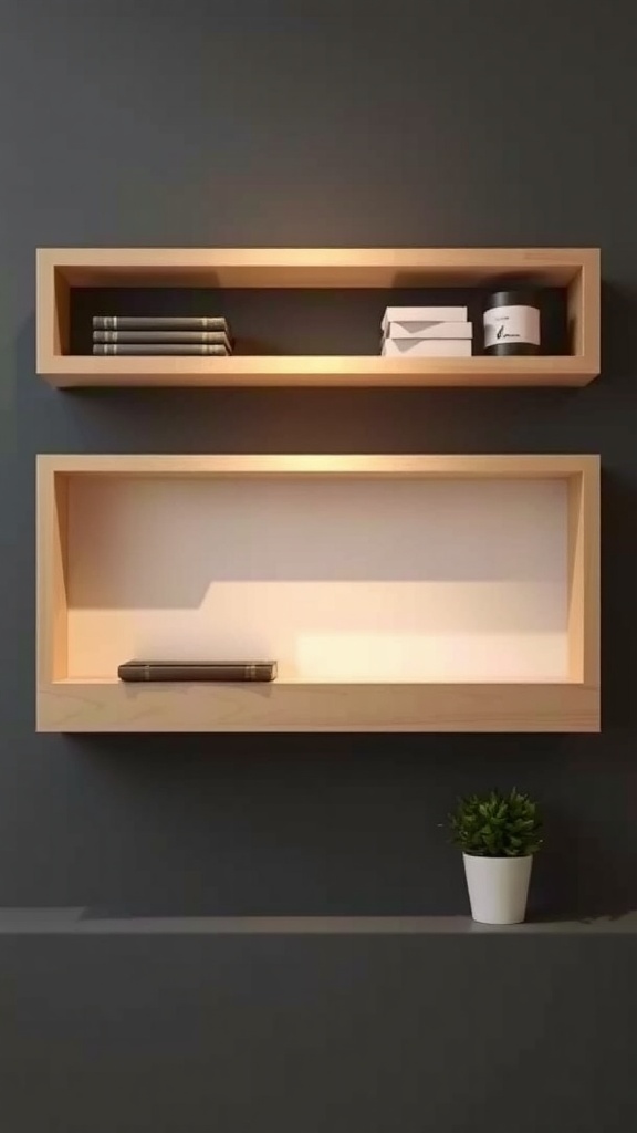 Modern wooden floating shelves with subtle lighting