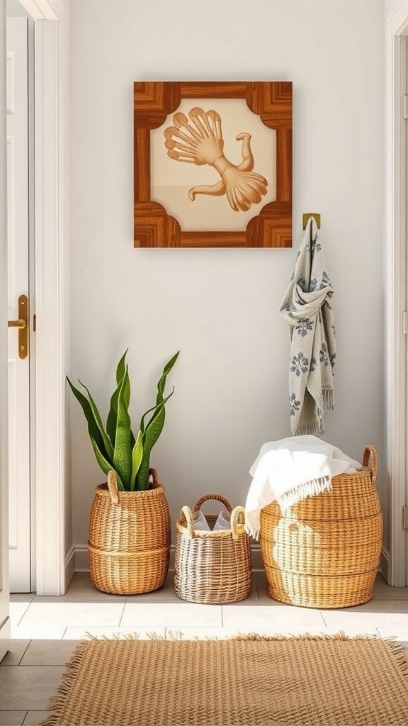 A bright entryway featuring woven baskets of various sizes, a plant, and a cozy throw, creating a welcoming atmosphere.