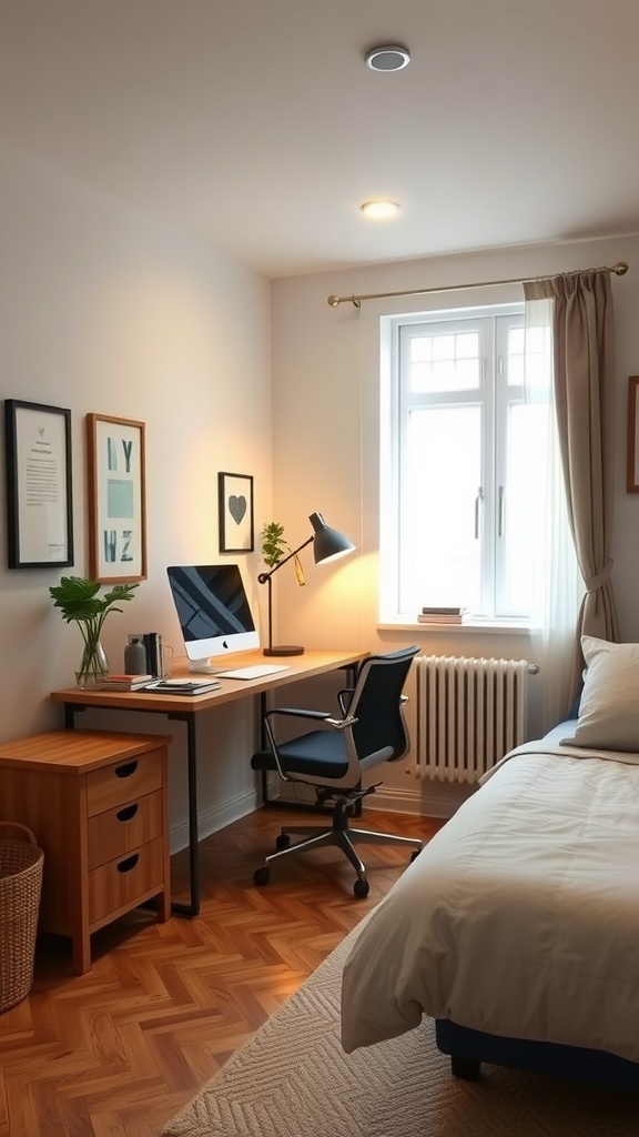 A stylish home office featuring a desk with a computer and a comfortable chair, alongside a neatly made bed, all bathed in natural light from a window.